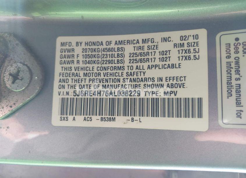 Photo 9 of 2010 Honda Cr-v EX-L (VIN 5J6RE4H76AL038229)