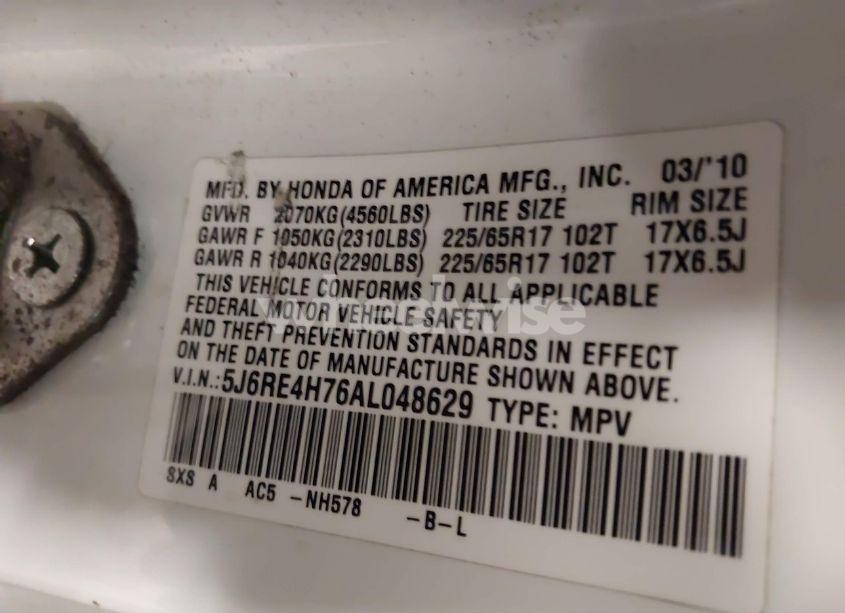 Photo 9 of 2010 Honda Cr-v EX-L (VIN 5J6RE4H76AL048629)