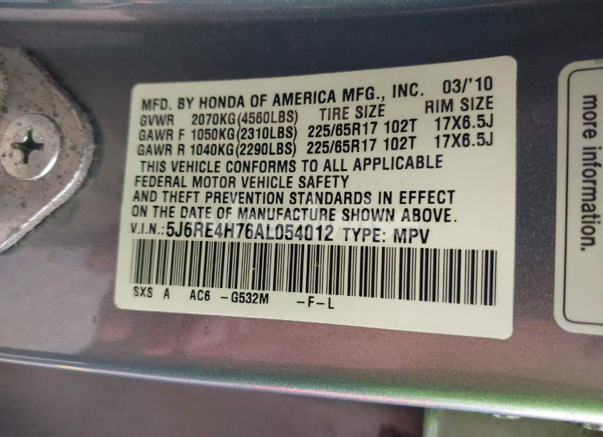 Photo 9 of 2010 Honda Cr-v EX-L (VIN 5J6RE4H76AL054012)