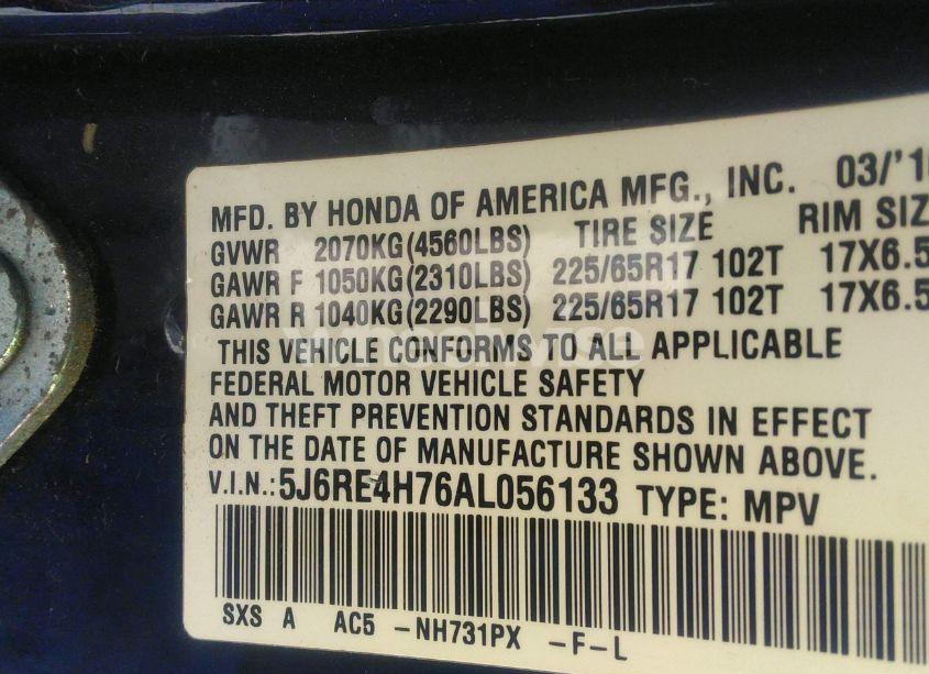 Photo 9 of 2010 Honda Cr-v EX-L (VIN 5J6RE4H76AL056133)