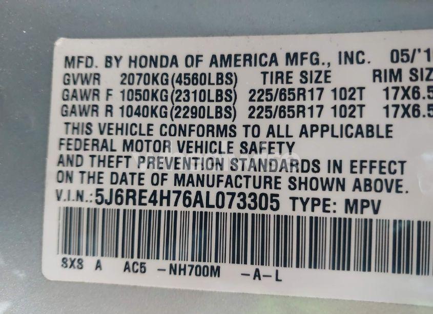 Photo 9 of 2010 Honda Cr-v EX-L (VIN 5J6RE4H76AL073305)