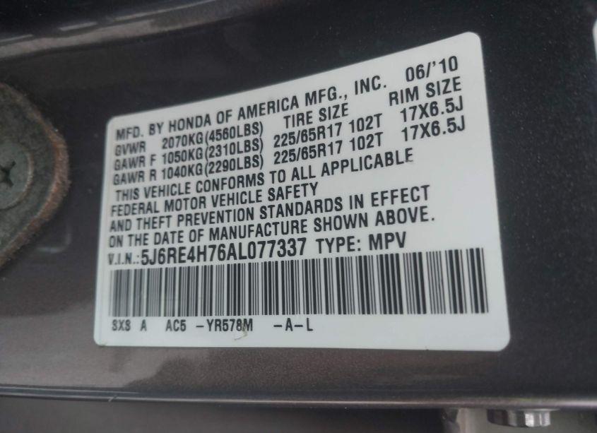 Photo 9 of 2010 Honda Cr-v EXL (VIN 5J6RE4H76AL077337)