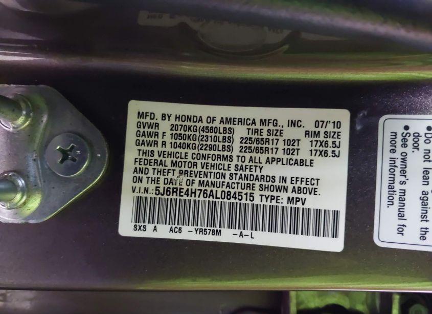 Photo 9 of 2010 Honda Cr-v EX-L (VIN 5J6RE4H76AL084515)