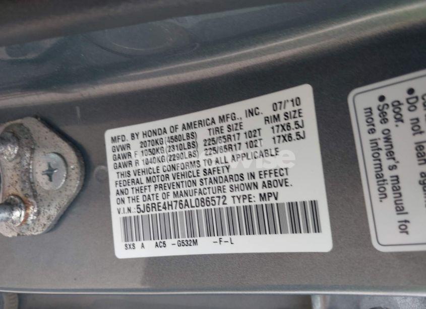 Photo 9 of 2010 Honda Cr-v EX-L (VIN 5J6RE4H76AL086572)