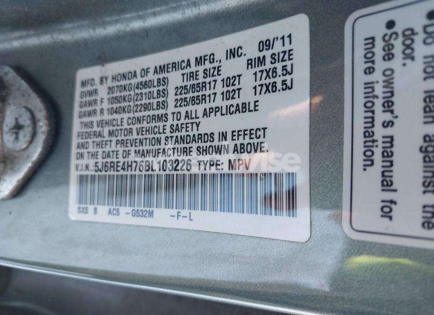 Photo 9 of 2011 Honda Cr-v EX-L (VIN 5J6RE4H76BL103226)