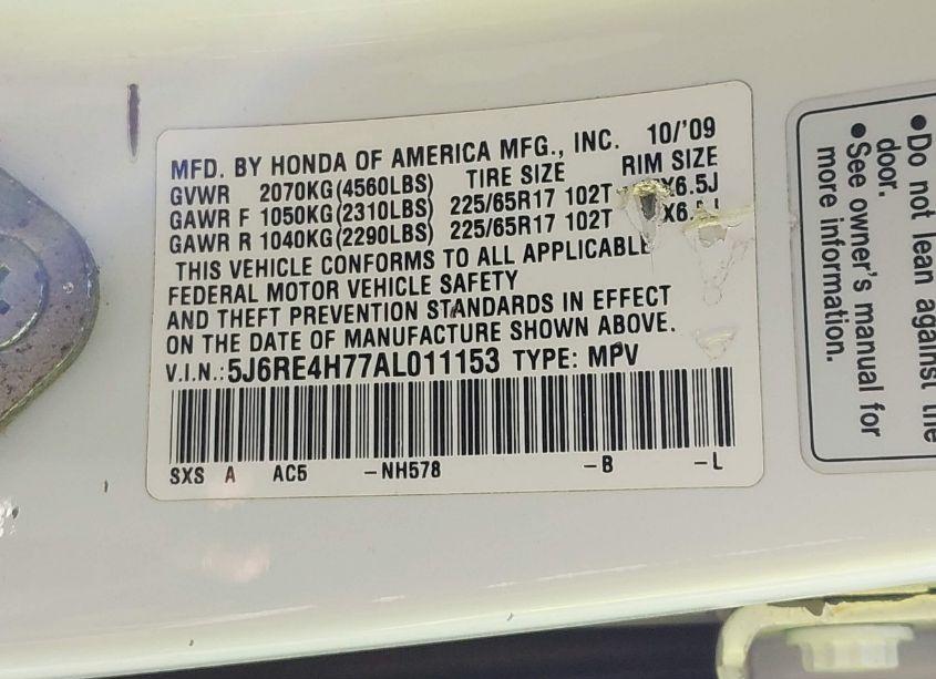 Photo 9 of 2010 Honda Cr-v EX-L (VIN 5J6RE4H77AL011153)