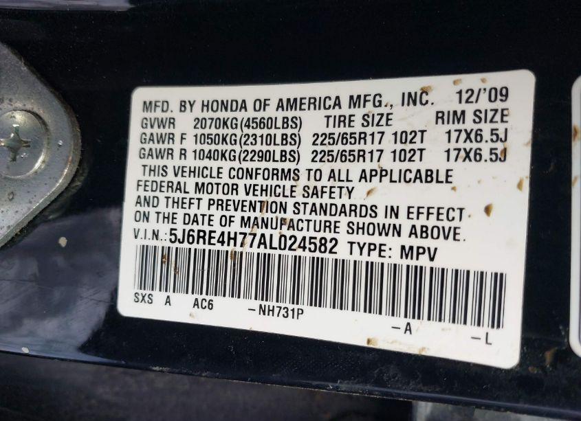 Photo 9 of 2010 Honda Cr-v EX-L (VIN 5J6RE4H77AL024582)