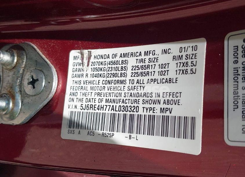 Photo 9 of 2010 Honda Cr-v EX-L (VIN 5J6RE4H77AL030320)