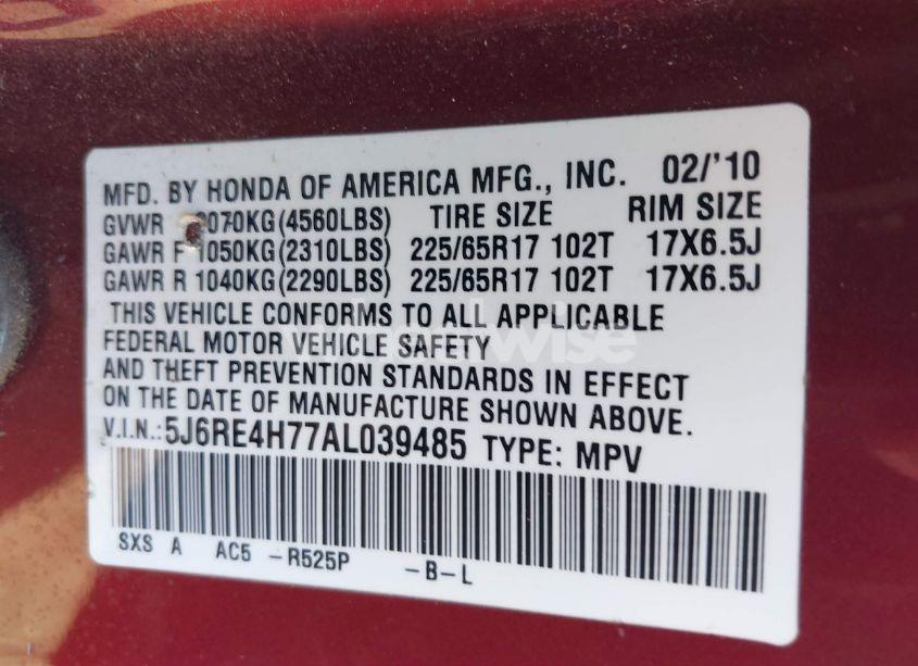 Photo 8 of 2010 Honda Cr-v EX-L (VIN 5J6RE4H77AL039485)