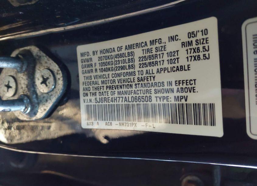 Photo 9 of 2010 Honda Cr-v EX-L (VIN 5J6RE4H77AL066508)