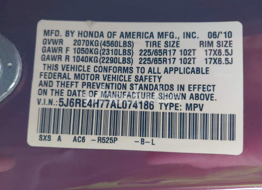 Photo 9 of 2010 Honda Cr-v EX-L (VIN 5J6RE4H77AL074186)