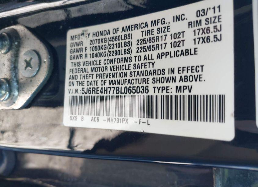 Photo 9 of 2011 Honda Cr-v EX-L (VIN 5J6RE4H77BL065036)