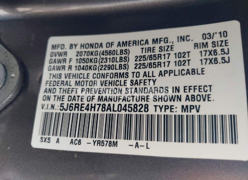 Photo 9 of 2010 Honda Cr-v EX-L (VIN 5J6RE4H78AL045828)