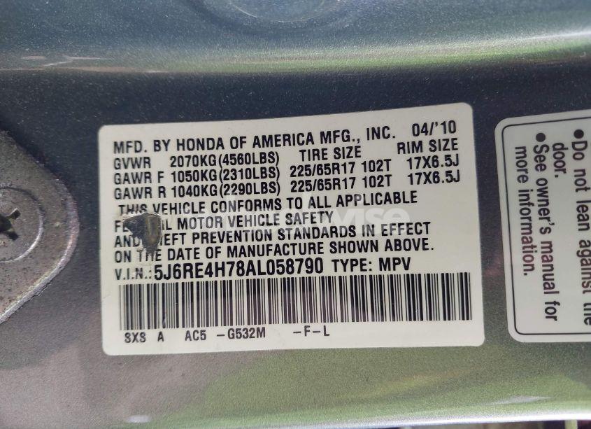 Photo 9 of 2010 Honda Cr-v EX-L (VIN 5J6RE4H78AL058790)