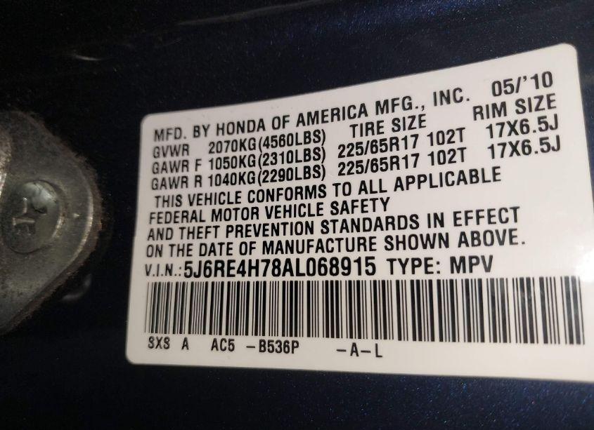 Photo 9 of 2010 Honda Cr-v EX-L (VIN 5J6RE4H78AL068915)