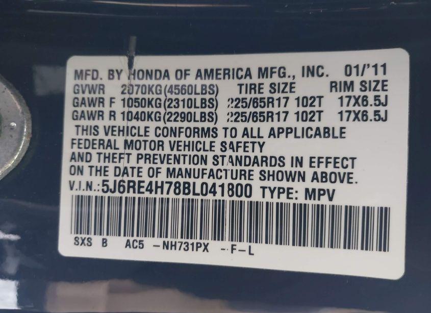 Photo 9 of 2011 Honda Cr-v EX-L (VIN 5J6RE4H78BL041800)