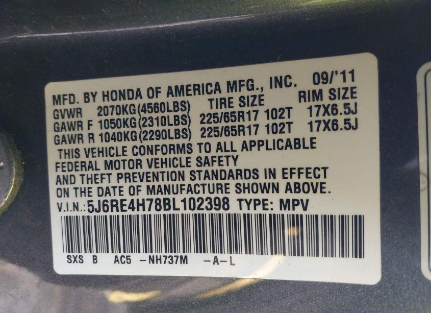 Photo 9 of 2011 Honda Cr-v EX-L (VIN 5J6RE4H78BL102398)