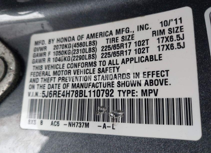 Photo 9 of 2011 Honda Cr-v EX-L (VIN 5J6RE4H78BL110792)