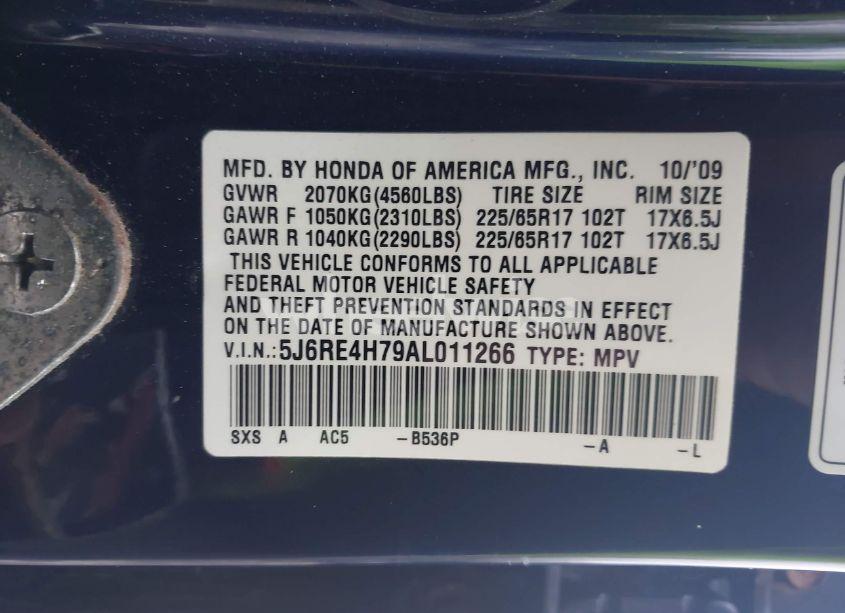 Photo 9 of 2010 Honda Cr-v EX-L (VIN 5J6RE4H79AL011266)