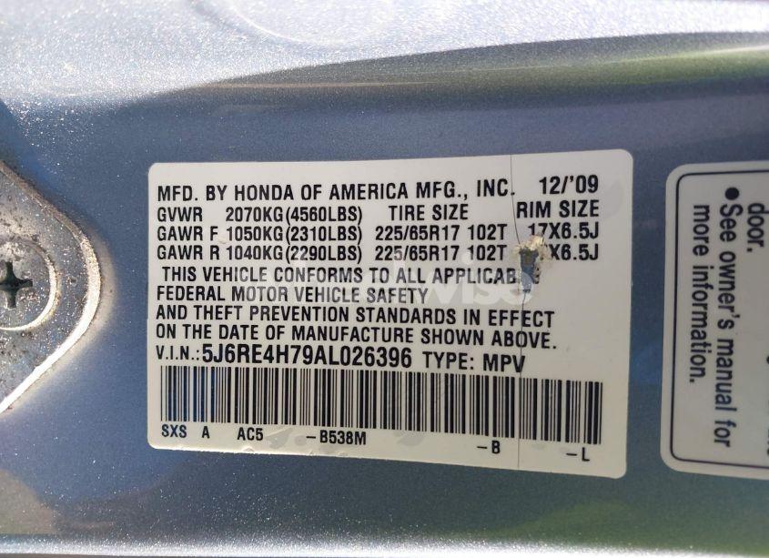 Photo 9 of 2010 Honda Cr-v EX-L (VIN 5J6RE4H79AL026396)
