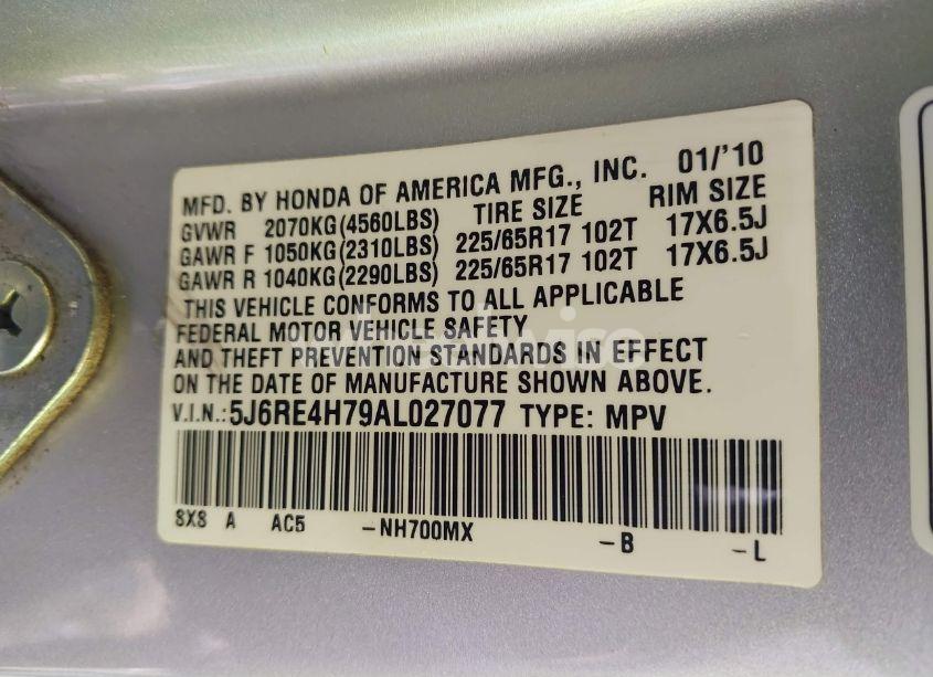 Photo 9 of 2010 Honda Cr-v EX-L (VIN 5J6RE4H79AL027077)