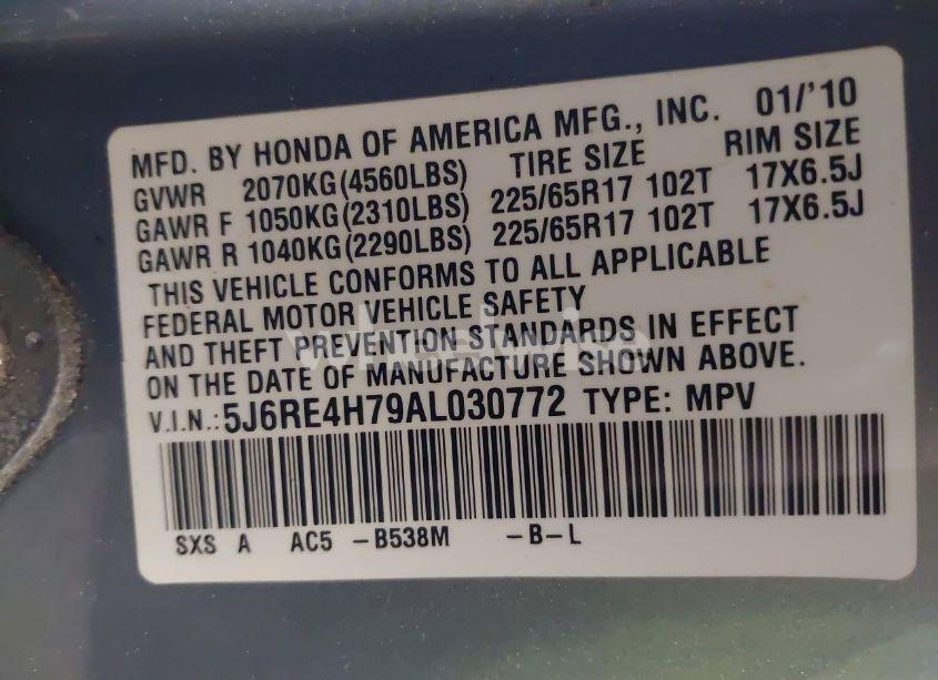 Photo 9 of 2010 Honda Cr-v EX-L (VIN 5J6RE4H79AL030772)