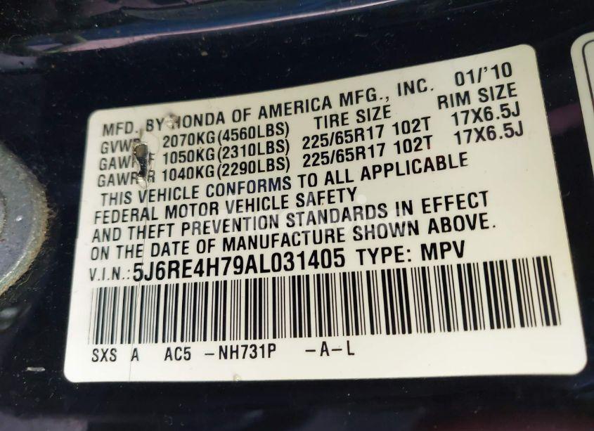 Photo 9 of 2010 Honda Cr-v EX-L (VIN 5J6RE4H79AL031405)