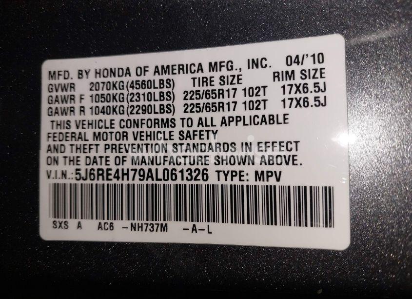 Photo 9 of 2010 Honda Cr-v EX-L (VIN 5J6RE4H79AL061326)