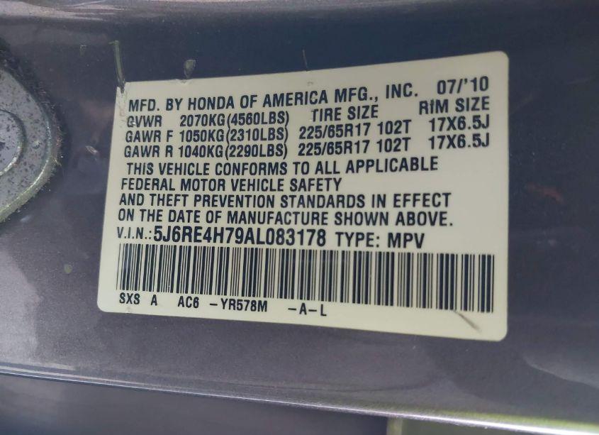 Photo 9 of 2010 Honda Cr-v EX-L (VIN 5J6RE4H79AL083178)