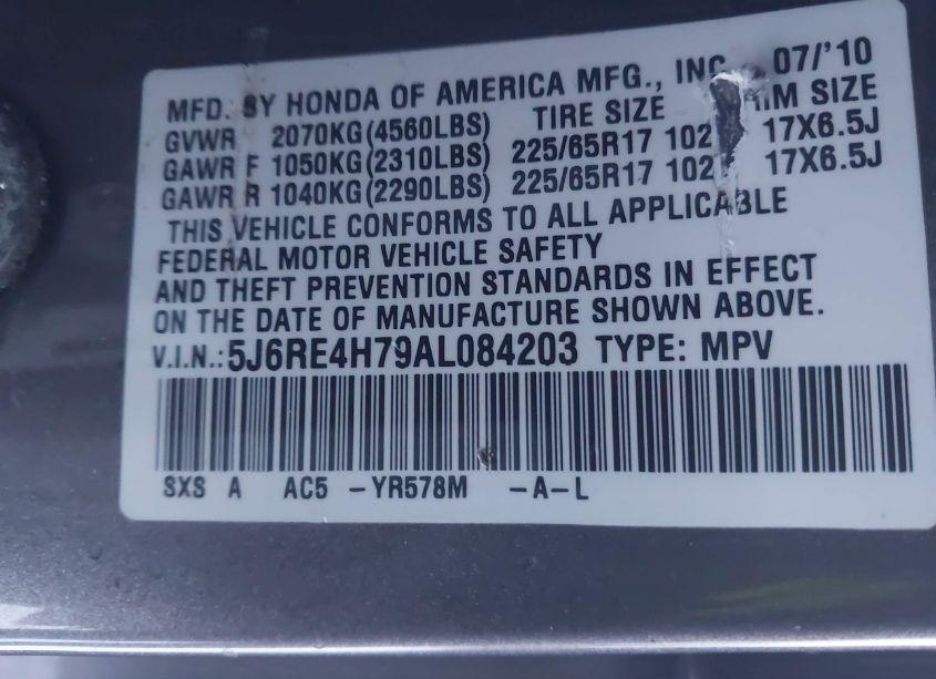 Photo 9 of 2010 Honda Cr-v EX-L (VIN 5J6RE4H79AL084203)