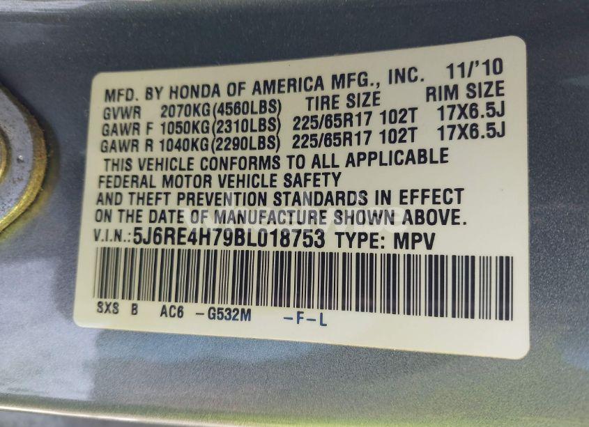 Photo 9 of 2011 Honda Cr-v EX-L (VIN 5J6RE4H79BL018753)