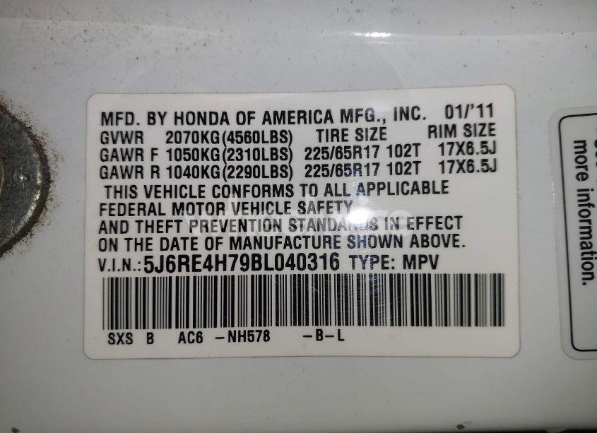 Photo 9 of 2011 Honda Cr-v EX-L (VIN 5J6RE4H79BL040316)