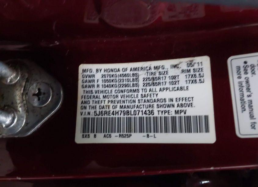 Photo 9 of 2011 Honda Cr-v EX-L (VIN 5J6RE4H79BL071436)