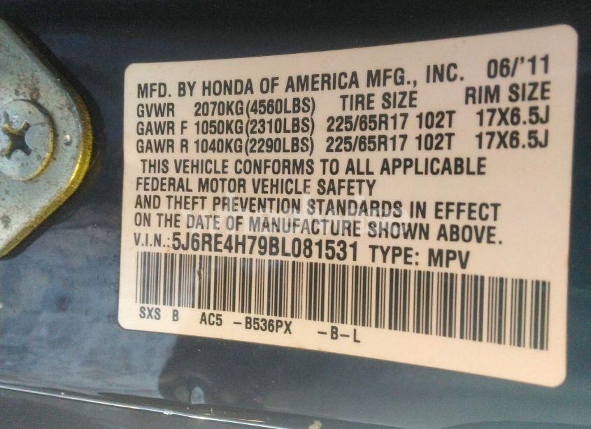 Photo 9 of 2011 Honda Cr-v EX-L (VIN 5J6RE4H79BL081531)