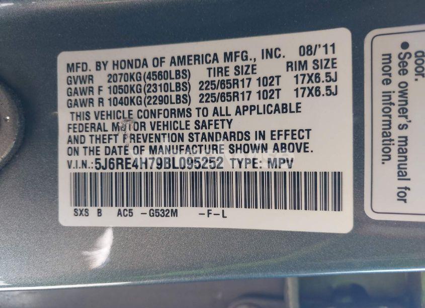 Photo 9 of 2011 Honda Cr-v EX-L (VIN 5J6RE4H79BL095252)