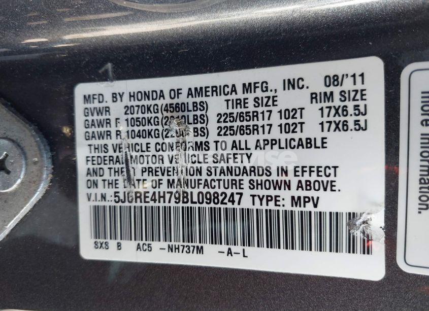 Photo 9 of 2011 Honda Cr-v EX-L (VIN 5J6RE4H79BL098247)