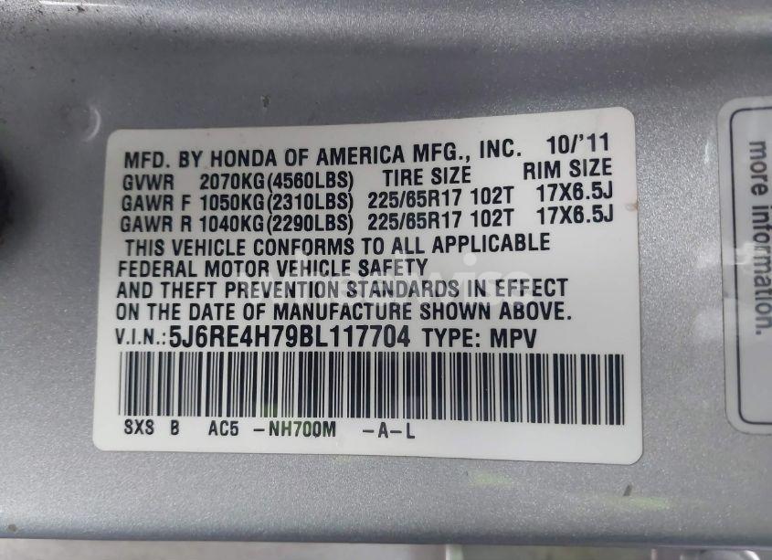 Photo 9 of 2011 Honda Cr-v EX-L (VIN 5J6RE4H79BL117704)