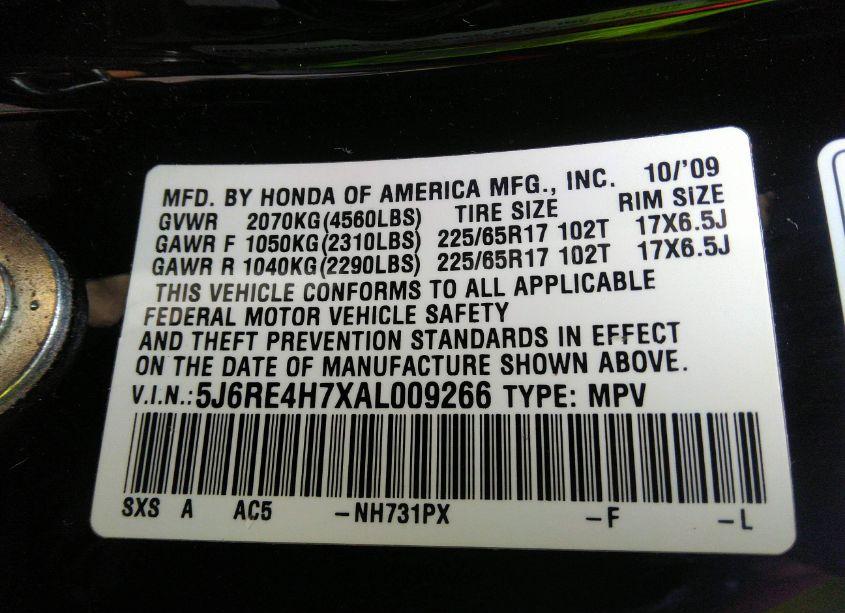 Photo 9 of 2010 Honda Cr-v EX-L (VIN 5J6RE4H7XAL009266)
