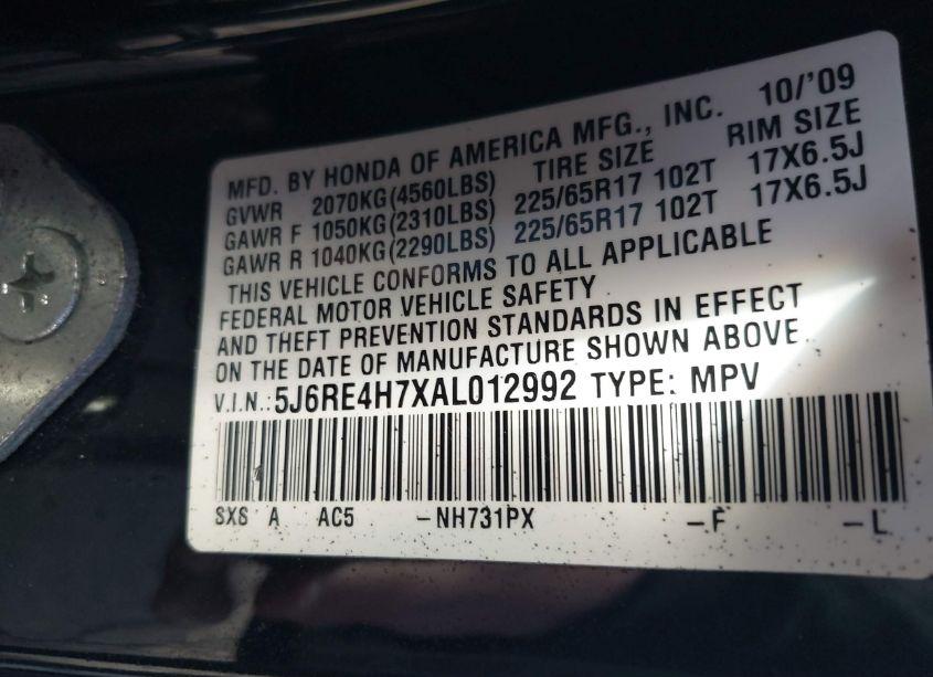 Photo 9 of 2010 Honda Cr-v EX-L (VIN 5J6RE4H7XAL012992)