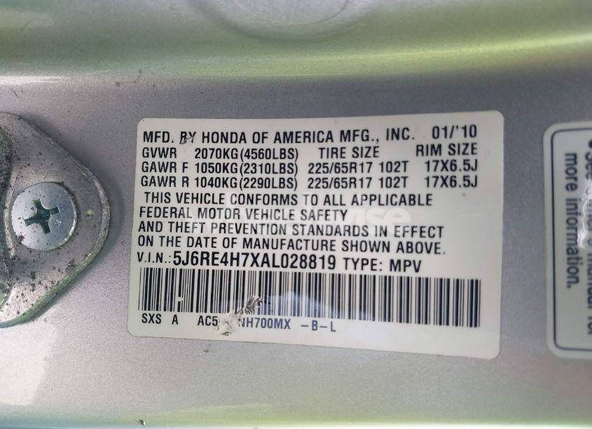 Photo 9 of 2010 Honda Cr-v EX-L (VIN 5J6RE4H7XAL028819)