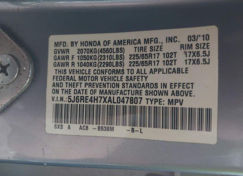 Photo 9 of 2010 Honda Cr-v EX-L (VIN 5J6RE4H7XAL047807)