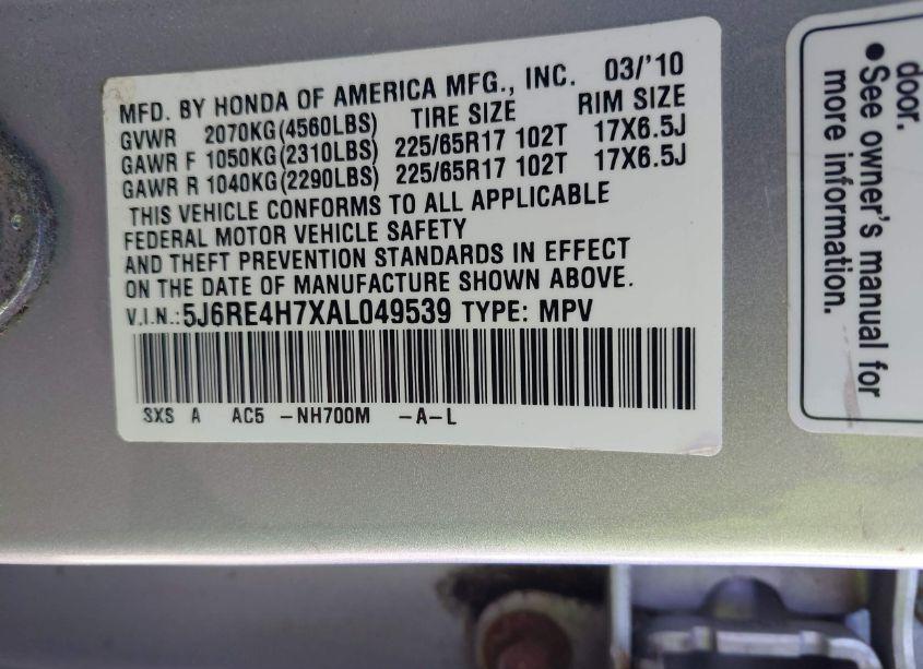 Photo 9 of 2010 Honda Cr-v EX-L (VIN 5J6RE4H7XAL049539)