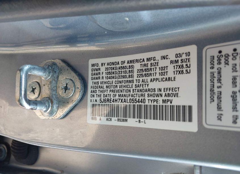 Photo 9 of 2010 Honda Cr-v EX-L (VIN 5J6RE4H7XAL055440)