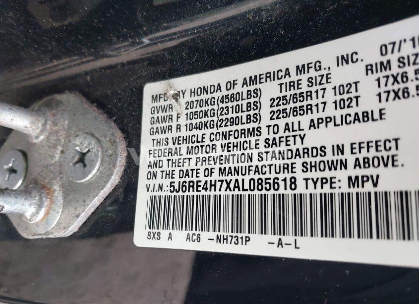 Photo 9 of 2010 Honda Cr-v EX-L (VIN 5J6RE4H7XAL085618)