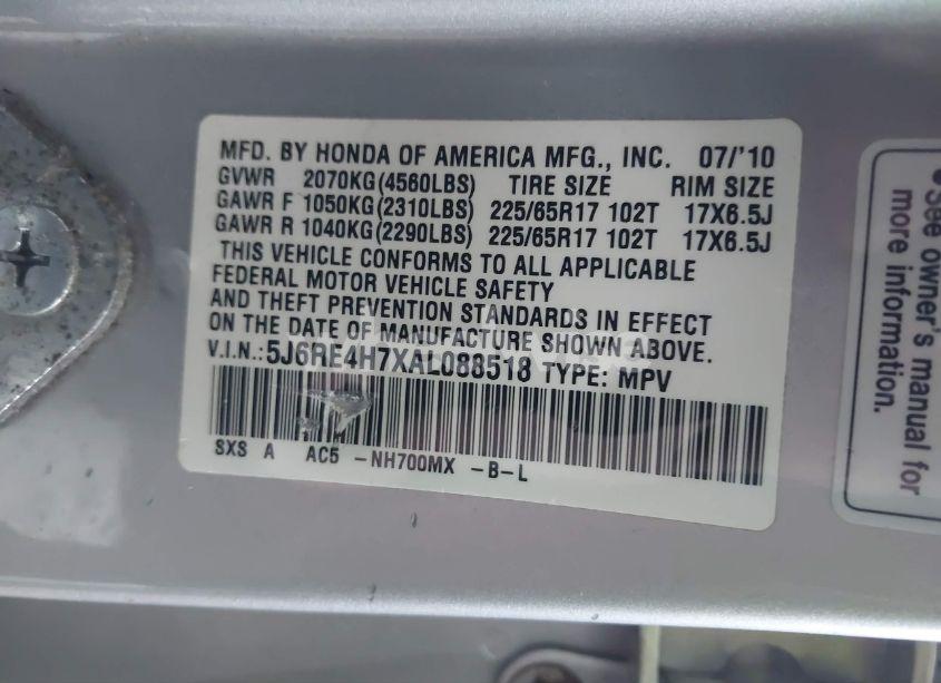 Photo 9 of 2010 Honda Cr-v EX-L (VIN 5J6RE4H7XAL088518)