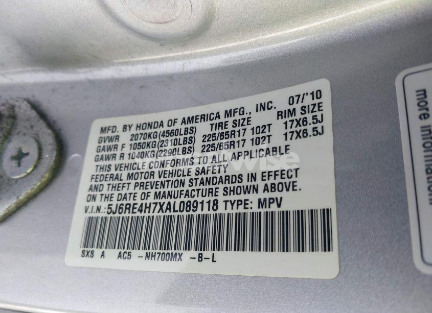 Photo 9 of 2010 Honda Cr-v EX-L (VIN 5J6RE4H7XAL089118)