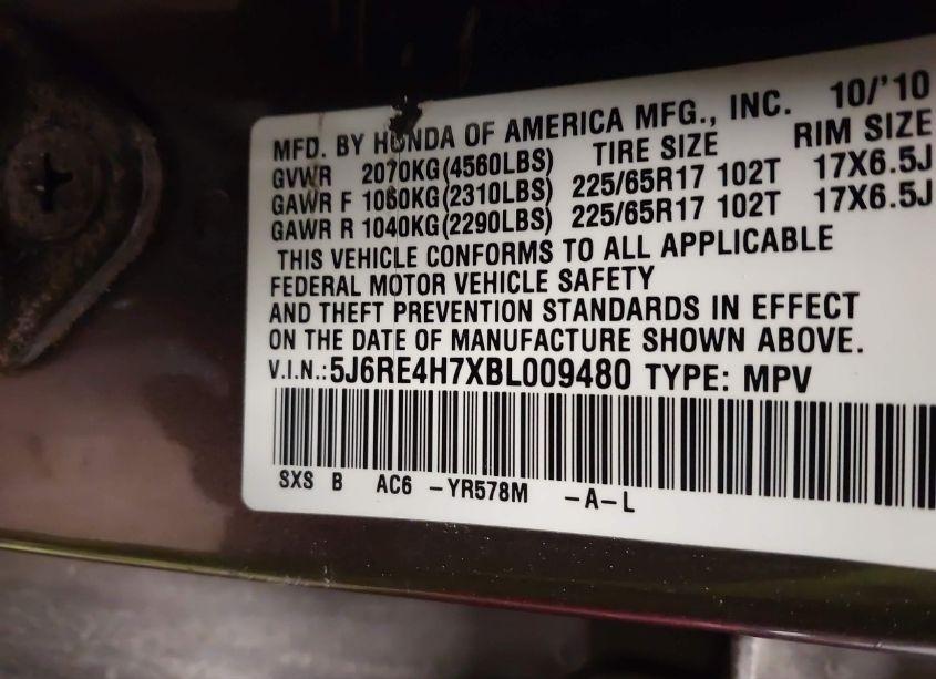 Photo 9 of 2011 Honda Cr-v EX-L (VIN 5J6RE4H7XBL009480)