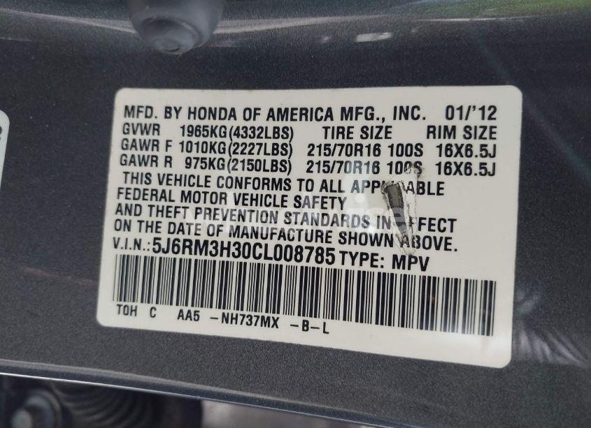 Photo 9 of 2012 Honda Cr-v LX (VIN 5J6RM3H30CL008785)