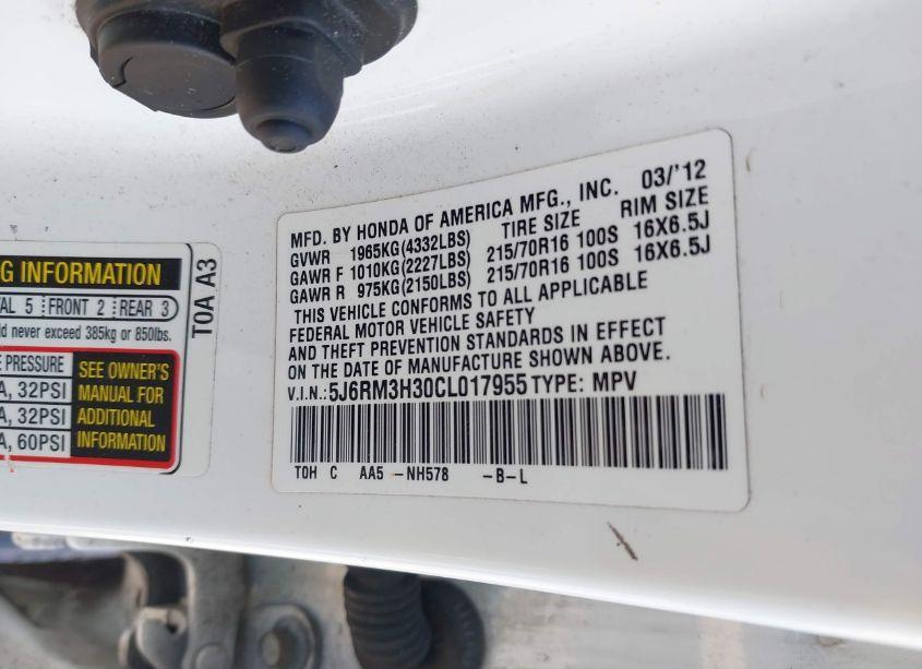 Photo 9 of 2012 Honda Cr-v LX (VIN 5J6RM3H30CL017955)