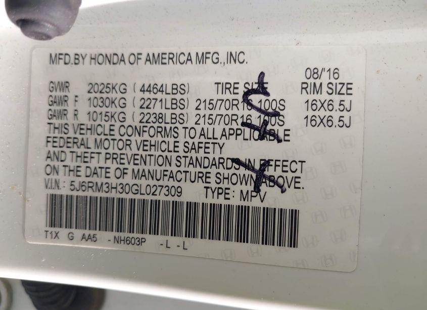 Photo 9 of 2016 Honda Cr-v LX (VIN 5J6RM3H30GL027309)